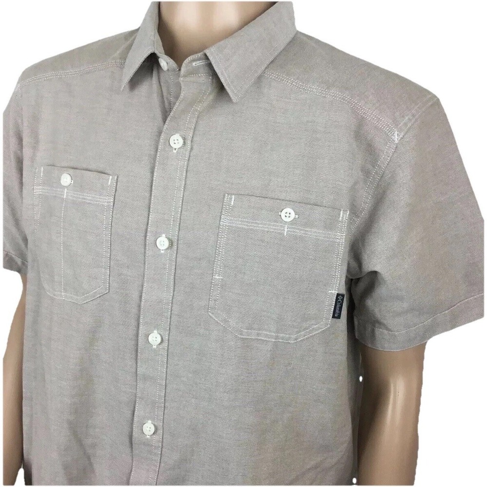 Columbia Mens Large Short Sleeve Button Down Shirt Heather Beige Pockets‎ 161